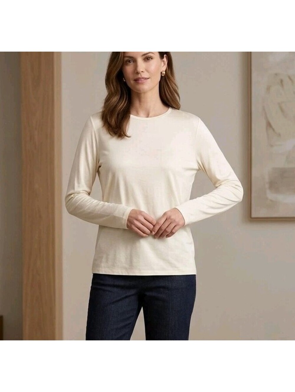 Eileen Fisher T-Shirt Womens L White Silk Jersey Crew Neck Long Sleeve Top